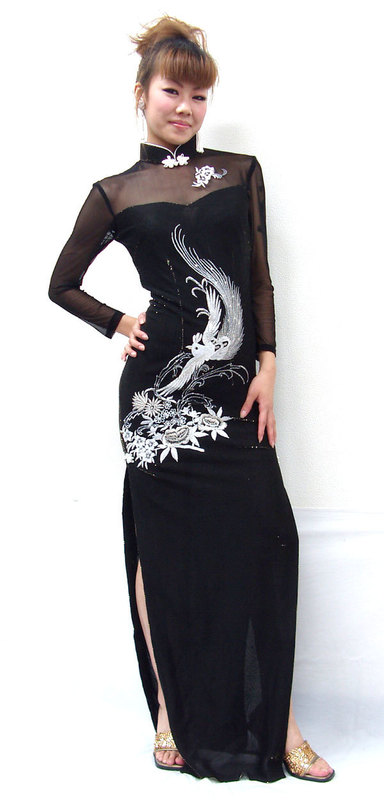 刺繍ロングチャイナ・シースルー鳳凰刺繍（黒） チャイナハウスカモメ